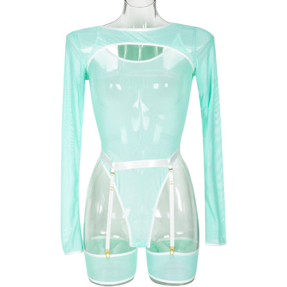 Elastic Mesh See through Contrast Color Cover Long Sleeve with Sleeveless Jumpsuit Sexy Lingerie Three Piece Set
