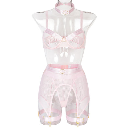 Sexy Mesh Stitching Four-Piece Underwear with Halter Waist Seal