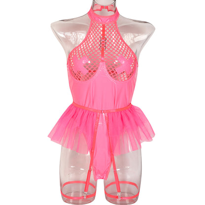 Sexy Faux Cuir Verni Grande Maille Joint Croisé Sous-Vêtements Licol Maille Bulle Jupe Combinaison Détachable