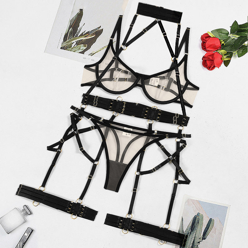 Ensemble de quatre pièces de sous-vêtements sexy transparents en maille complexe Craft