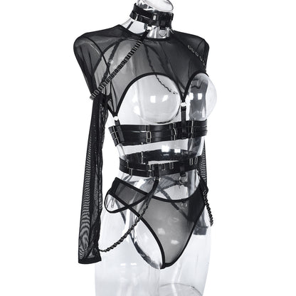 Conjunto sexy de tres piezas en ropa interior sexy para club nocturno con cintura halter y correa compleja