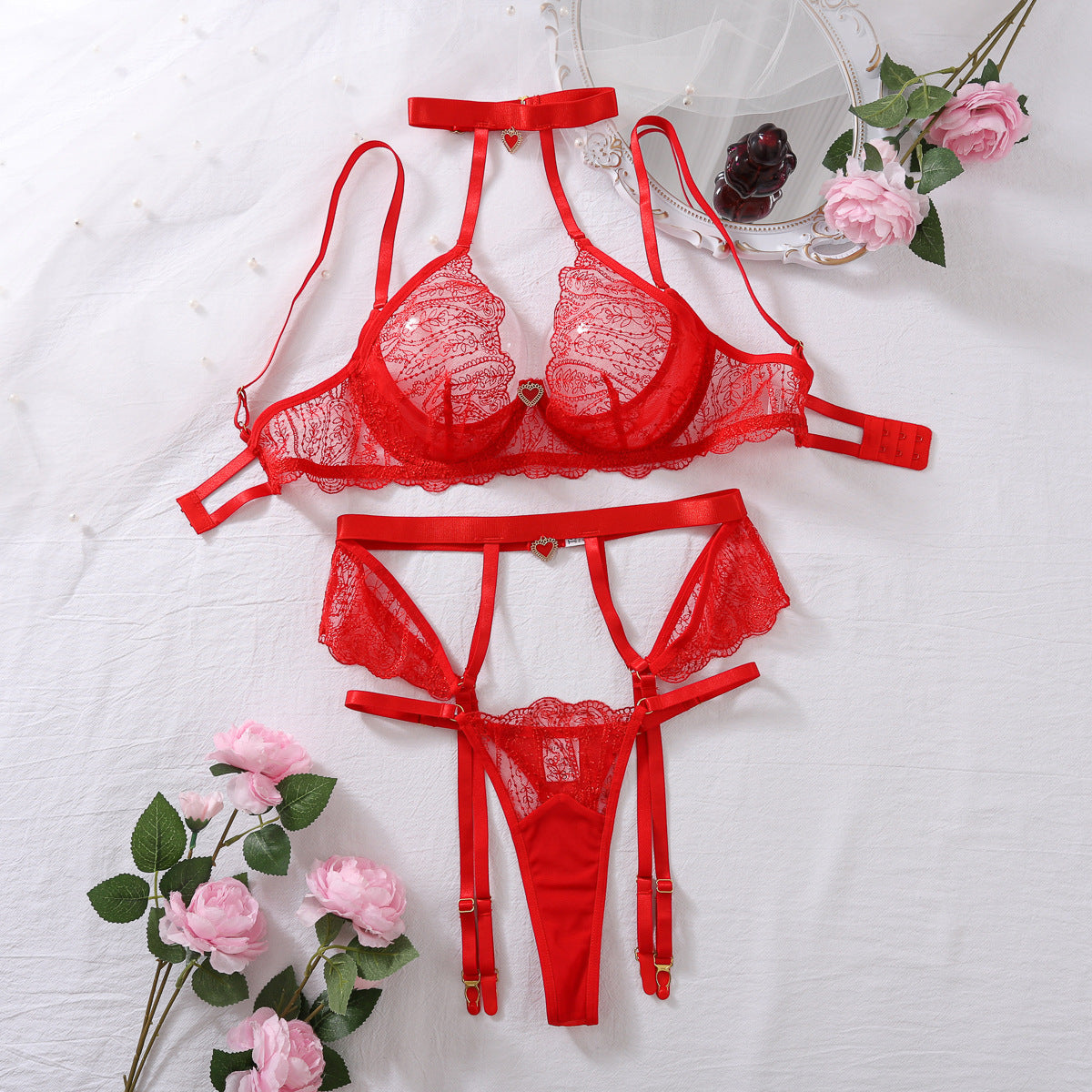 High Quality Bra Complex Craft See through Embroidery Love Embellished Sexy Underwear Three Piece Set
