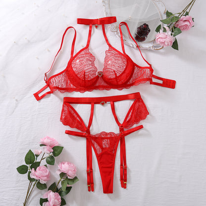 High Quality Bra Complex Craft See through Embroidery Love Embellished Sexy Underwear Three Piece Set