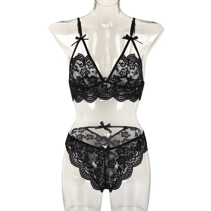Sexy Two Piece Set Autumn Lace Splicing Tape Bow Sexy Lingerie Set