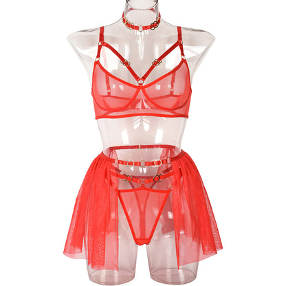 Red Valentine Day Perspective Sexy Lingerie Personality Metal Ring Buckle Mesh Cute Girl Piece Set