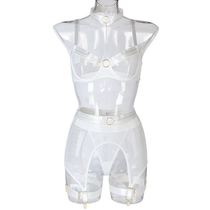 Sexy Mesh Stitching Four-Piece Underwear with Halter Waist Seal