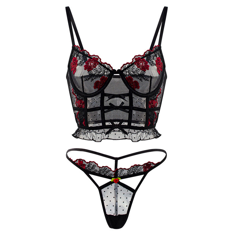 Sexy Cutout Transparent See through Thin Bra Low Waist Thin Strap T Back Embroidered Lace Sexy Lingerie