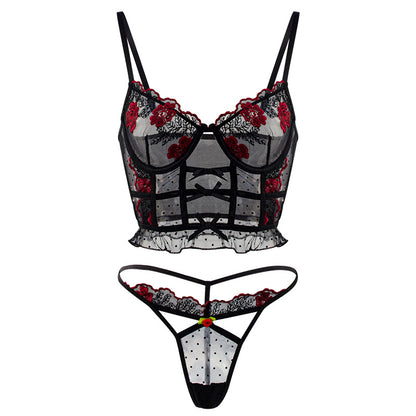 Sexy Cutout Transparent See through Thin Bra Low Waist Thin Strap T Back Embroidered Lace Sexy Lingerie