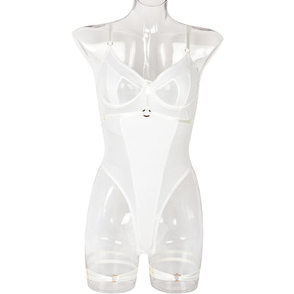 Sexy Jumpsuit Summer Girl Mesh Ornament Stitching Strap Showing Leg Ring Underwear
