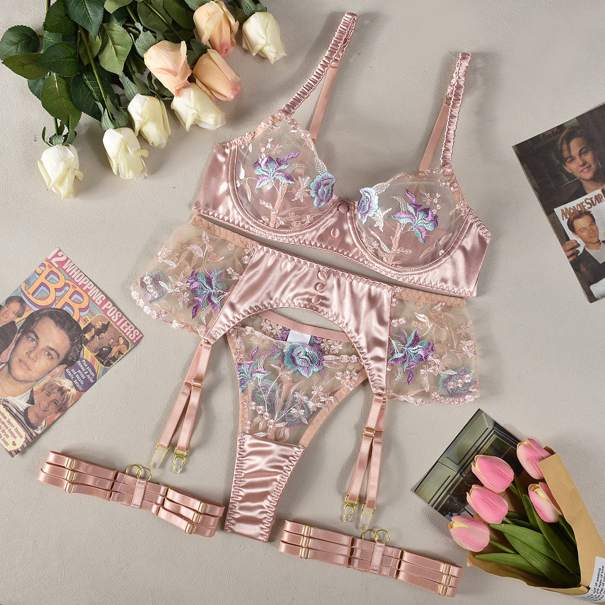 Sexy Lingerie Embroidery Patchwork High Elastic Comfortable Sexy Heavy Craft Four Piece Set