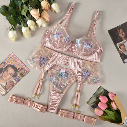 Sexy Lingerie Embroidery Patchwork High Elastic Comfortable Sexy Heavy Craft Four Piece Set