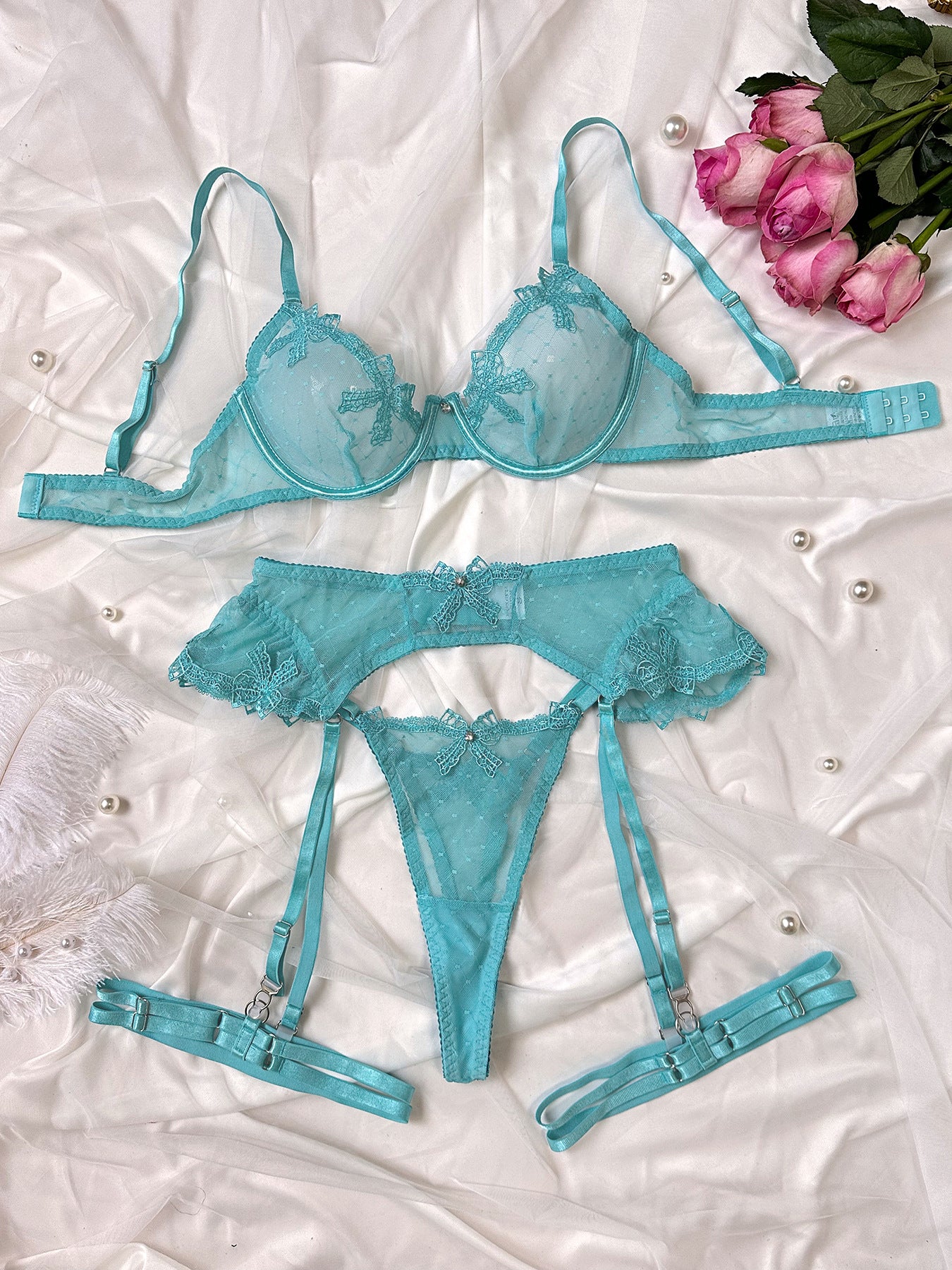 Butterfly Element Blue Embroidery Sexy Lingerie Set Sheer Mesh Four Piece Set Women