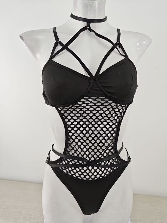 Sexy Large Mesh Hollow Out Cutout Cross Ribbon Stitching Sexy Lingerie Set
