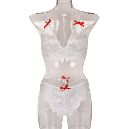 Sexy Two Piece Set Autumn Lace Splicing Tape Bow Sexy Lingerie Set