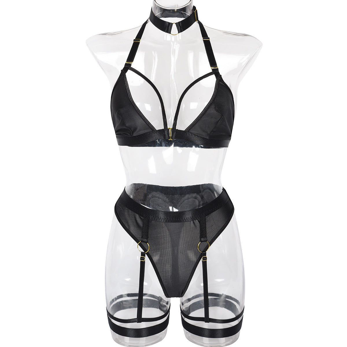 Sexy Three Piece Set Mesh Stitching Sexy Set Neck Neck Foot Ring