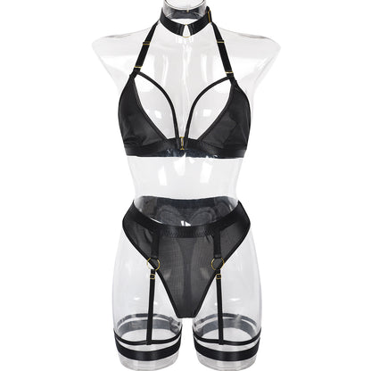 Sexy Three Piece Set Mesh Stitching Sexy Set Neck Neck Foot Ring