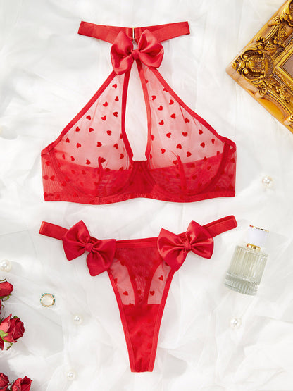 Ensemble deux pièces Sexy en maille transparente pour fille, sous-vêtements avec nœud, amour d'été