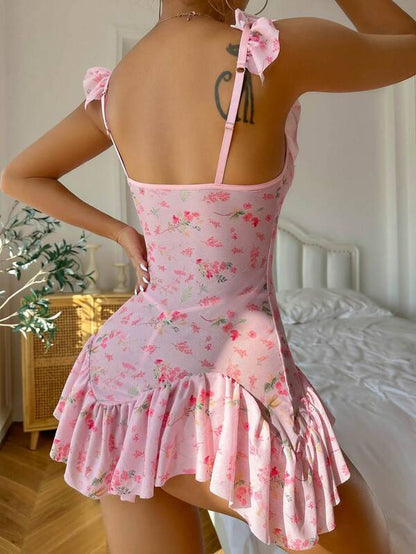 Summer Sexy Strap Sexy Lingerie Sweet Floral Slimming Flounce Swimsuit