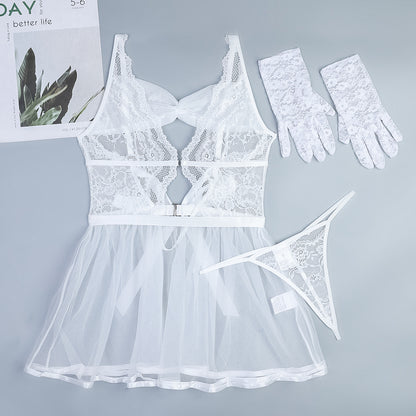 Women Sexy Lingerie White Sexy Straps Tulle Transparent Lingerie Three Piece Set