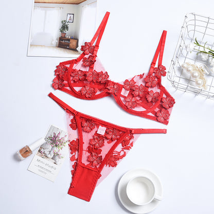 Sexy Romantic Floral Embroidery See-through Sexy Suit Women Spot