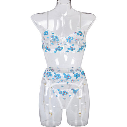 Sexy Lingerie Ladies Mini Floral at Steel Ring Embroidery Three Piece Set