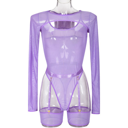 Elastic Mesh See through Contrast Color Cover Long Sleeve with Sleeveless Jumpsuit Sexy Lingerie Three Piece Set