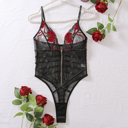 Sexy Lace Mesh Transparent V neck Temptation Sexy Sleeveless Jumpsuit