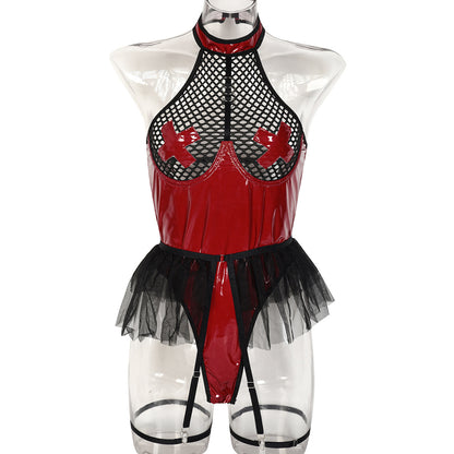 Sexy Faux Cuir Verni Grande Maille Joint Croisé Sous-Vêtements Licol Maille Bulle Jupe Combinaison Détachable