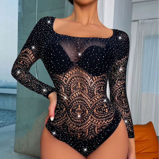 Sexy One Piece Rhinestone Long Sleeve Fishnet Clothes Hip Skirt