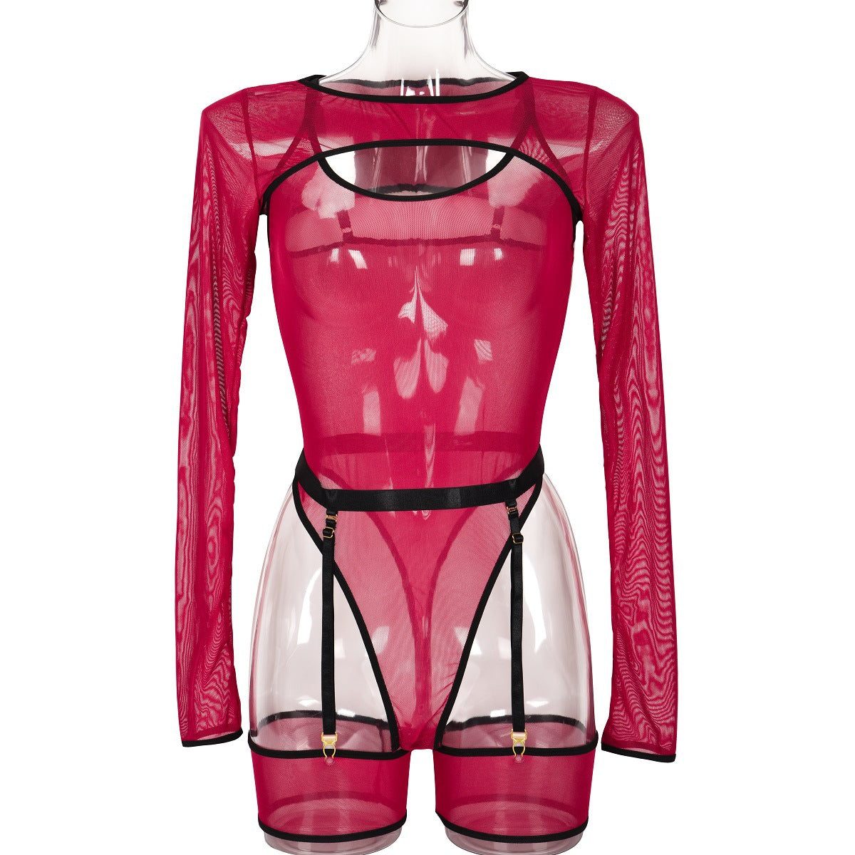 Elastic Mesh See through Contrast Color Cover Long Sleeve with Sleeveless Jumpsuit Sexy Lingerie Three Piece Set