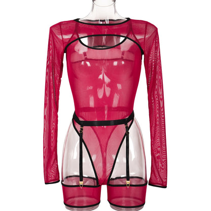 Elastic Mesh See through Contrast Color Cover Long Sleeve with Sleeveless Jumpsuit Sexy Lingerie Three Piece Set
