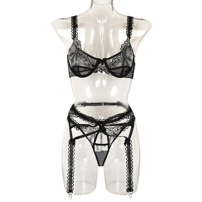 Sexy Three Piece Set Spring Embroidery Mesh Stitching Cute Lace Shoulder Strap Waist Seal Underwear