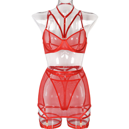 Sexy Lingerie Three Piece Set Mesh with Steel Bracket Stitching Sexy Clothes