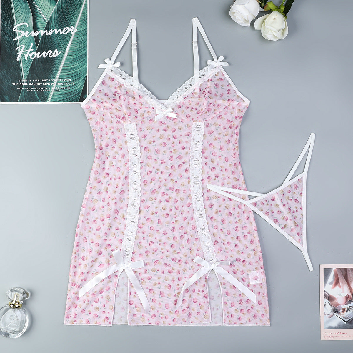 Sexy See through Pajamas Lace Stitching Printing Mesh Stretch Split Sling Soft Two Piece Women Clothing