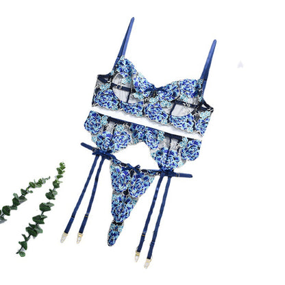 Blue Embroidered Underwear Suit Heavy Craft Sexy Garter Sexy Lingerie Three-Piece Set