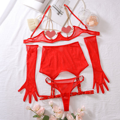 Internet Celebrity Sexy Lingerie Sexy Love Chain Sexy Sheer Mesh Four Piece Set for Women