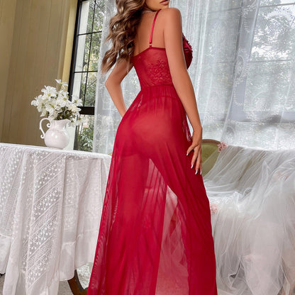 Sexy Lingerie Long Strap Dress Lace Bow Split Seduction Sexy Nightdress