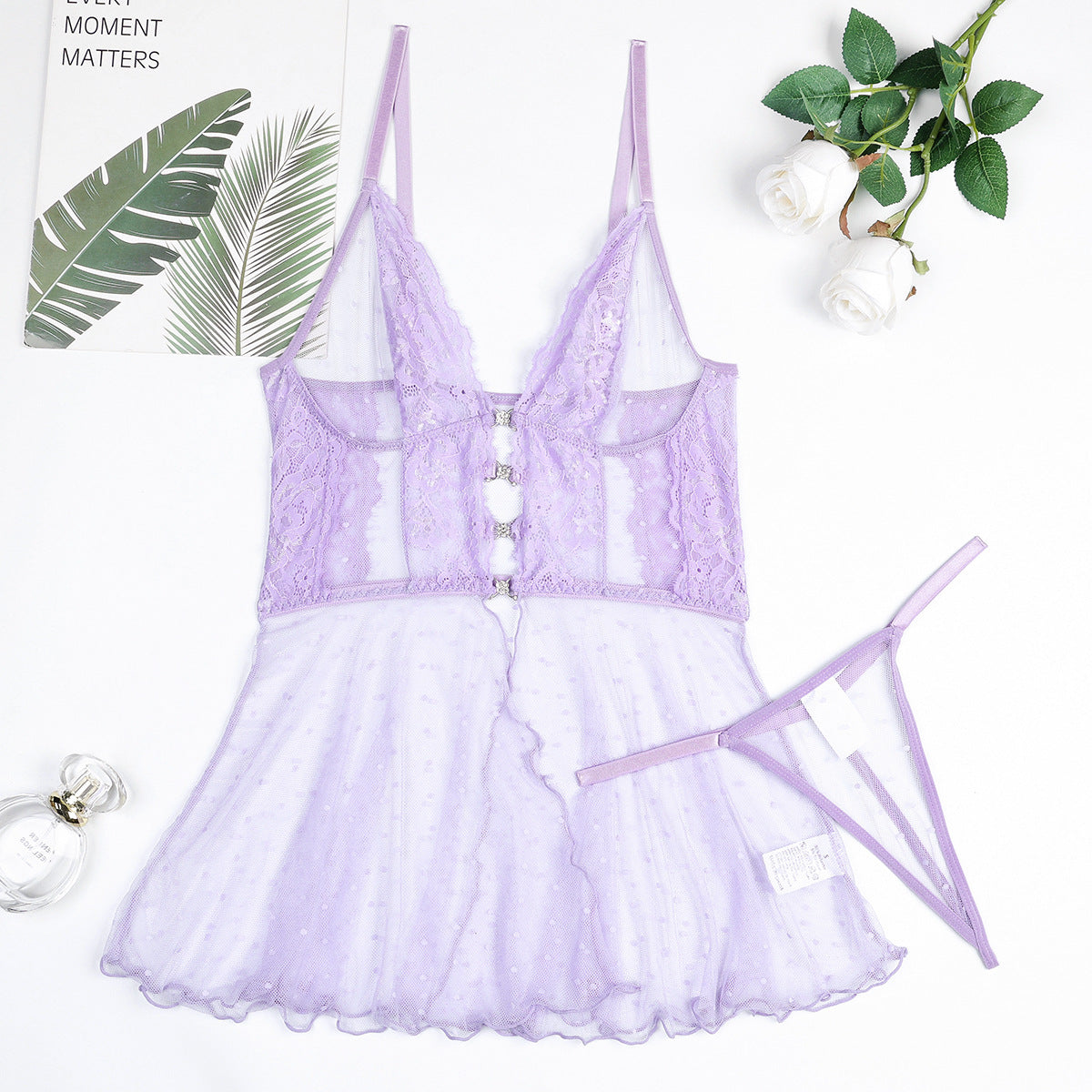 Women Clothing Underwear Sexy Polka Dot Sheer Mesh Lace Crystal Buckle Pure Shu Slip Nightdress Two Piece Set