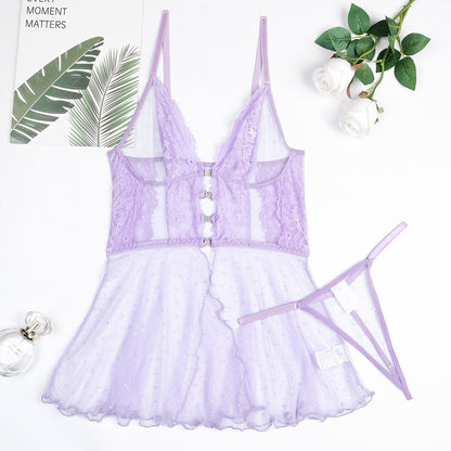 Women Clothing Underwear Sexy Polka Dot Sheer Mesh Lace Crystal Buckle Pure Shu Slip Nightdress Two Piece Set