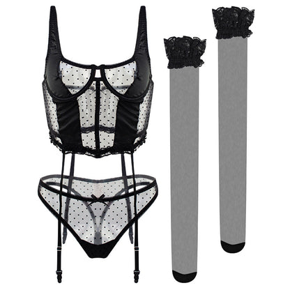 Sexy Lingerie See-through Dress Flocking Polka Dot Set Briefs Sexy Three Piece Suit