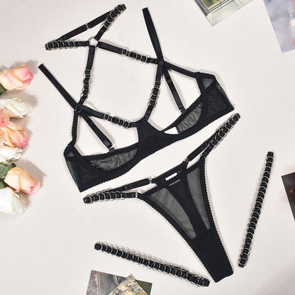 Hollow Out Cutout Out Stitching Strap Halter Metal Buckle Complex Heavy Craft Sexy Lingerie Set