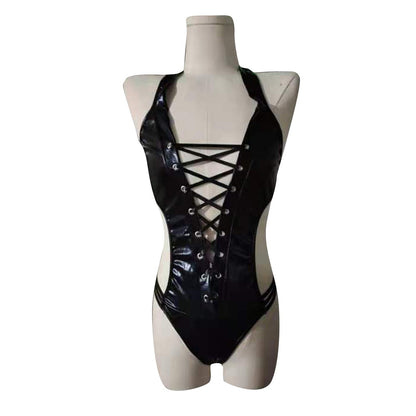 Sexy Patent Leather Backless Deep V Plunge Plunge Tied Jumpsuit