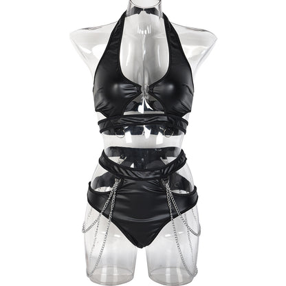 Summer Faux Leather Chain Split Sexy Underwear Two Piece Halter Backless Sexy Suit