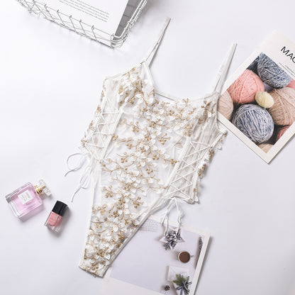 Sexy Lingerie Sexy Lace Mesh See through Embroidery Tied Jumpsuit