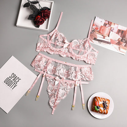 Sexy Lingerie Three-Piece Floral Embroidery Stitching Waist Seal Sexy Ladies Sexy Suit