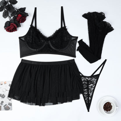 Socks Included Sexy Lingerie Red Festive Mesh Multi Layer Lace Stitching