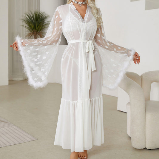 Sexy Mesh Nightgown Seductive Sexy Lingerie Cardigan Pajamas Women Bathrobe Home Outerwear Gown