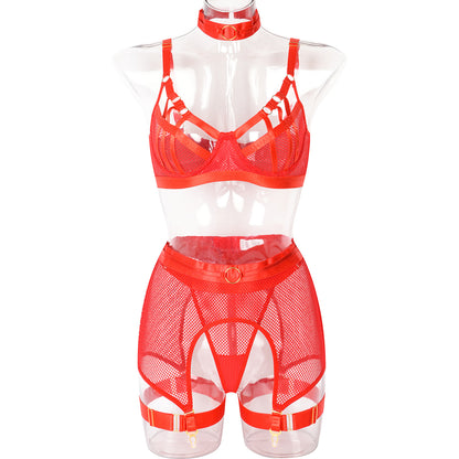 Conjunto sexy de cuatro piezas Exportación de artesanía pesada Sujetador entrelazado Ropa interior sexy de red suave
