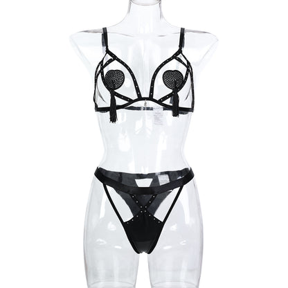 Crystal Tassel Embellished Chest Paste Sexy Low Cut Underclothes Artificial Rhinestone Simple Exquisite Hollow Out Cutout-out Sexy Two Piece Set