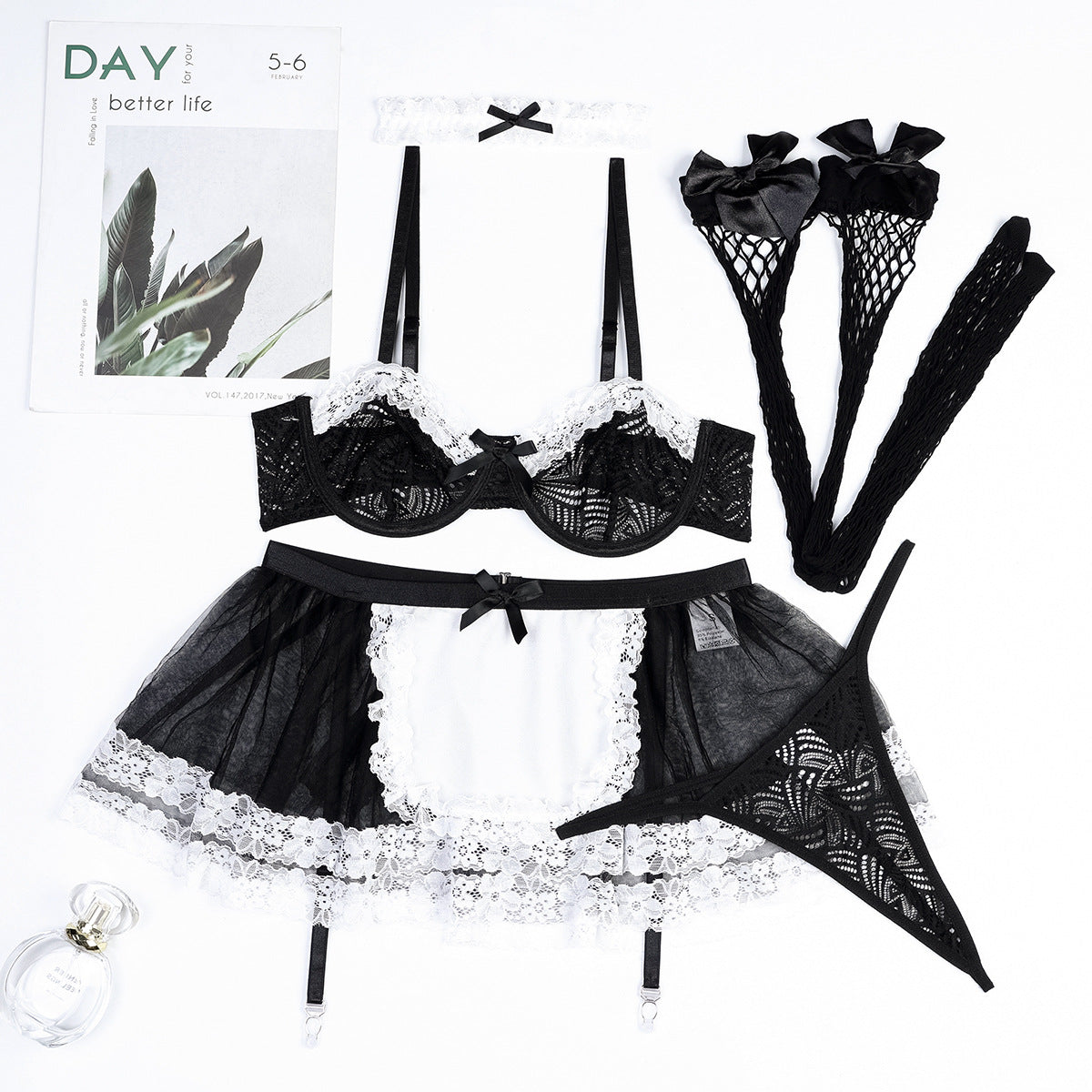 Uniforme Sexy en dentelle multicouche, bas en maille, couleur contrastée, noir et blanc, ensemble de 5 pièces